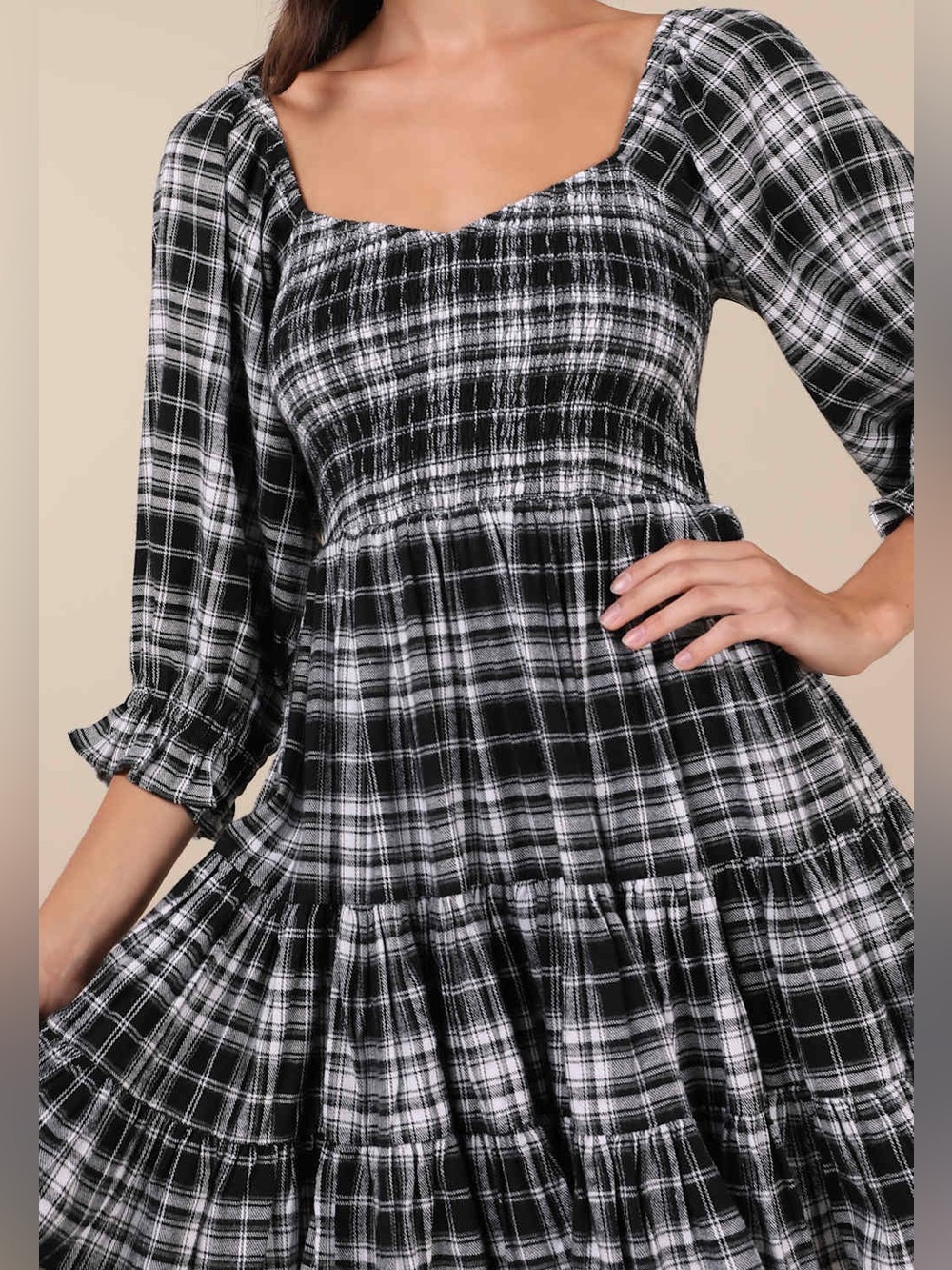 Lulus No One Cuter Black and Ivory Plaid Puff Sleeve Tiered Mini Dress